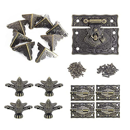 Uenhoy Jewelry Box Hardware Set, Antique Brass Hinge Latch Kit, 17 Pcs