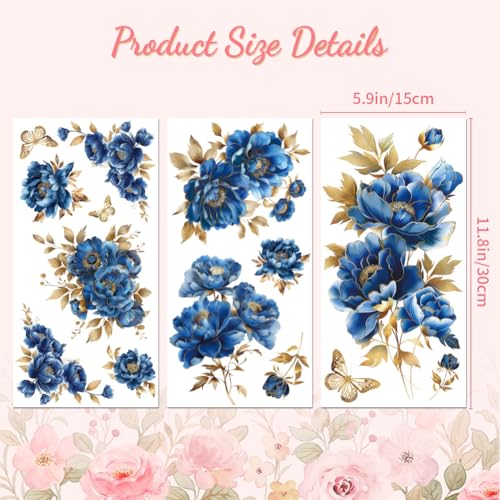 Peacoblue Blue and Gold Peonies Rub On Transfers for Furniture 6"x12" - style: Blue and Gold Peonies Flowers