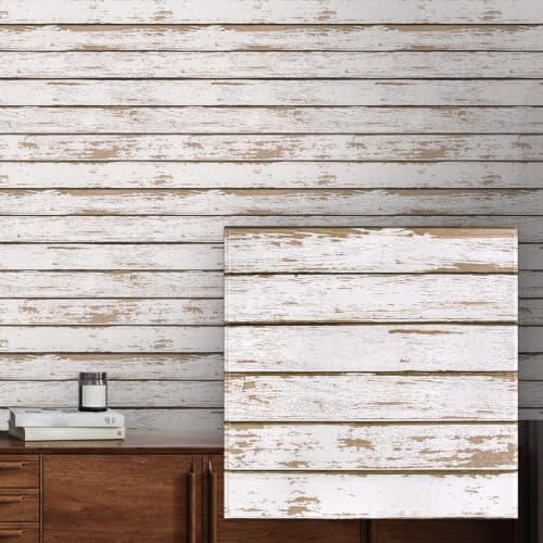 COMSTICKC 3D Faux Wood Wall Sticker Shiplap Peel and Stick, Not Real Wood - color: White Wood