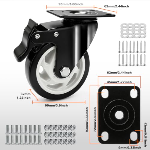4 Inch Heavy Duty Black Caster Wheel Set of 4,Dual Brake, Silence - color: black, size: 4 inches
