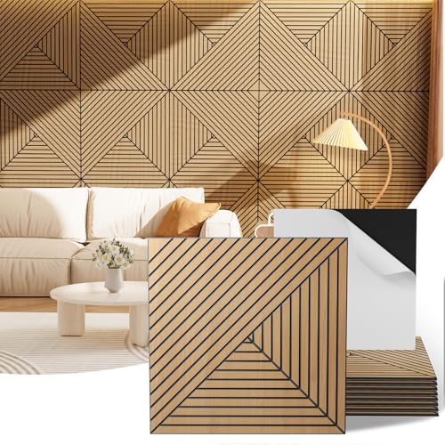 Acoustic Wall Panels, 8 Piece 23.62"X 23.62" PVC Peel and Stick Wall Panels - color: Oak-Elysian Step Vortex, size: 94 X 48 Inches