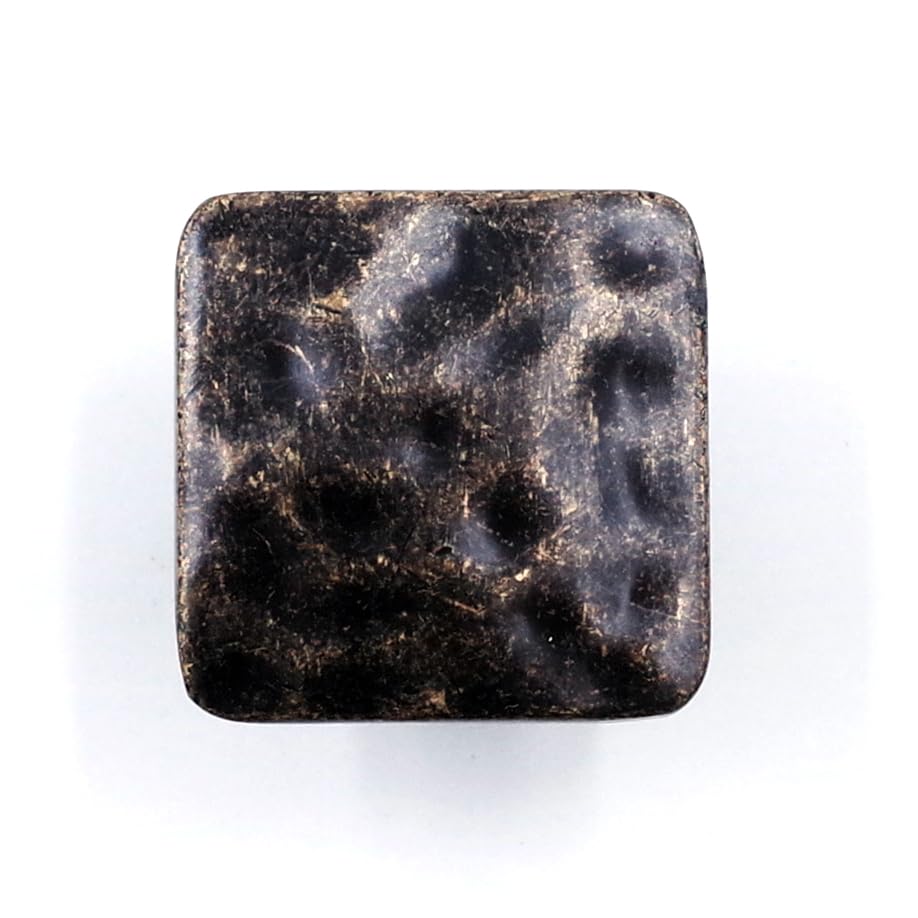 Jetland Square Hammered Cabinet Knobs - 6-Pack, Antique Brass, 1-1/4" Knobs, Rustic Solid Cast Square Knobs for Dresser Nightstand Furniture, HT0612ABR30 - color: Antique Brass, size: 1-1/4" Knobs