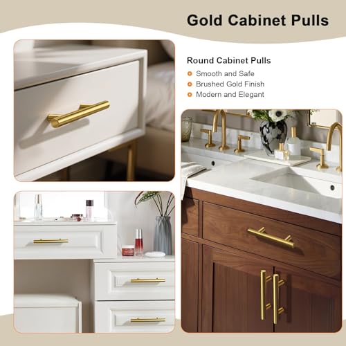 Gobrico 5 Pack Gold Kitchen Cabinet Handles 3" Hole Centers(76mm) Dresser Drawer Pulls Gold Cabinet Handles for Modern Bedroom Bathroom Cabinet Pulls Brushed Brass - color: Gold, size: 3 Inch Hole Center