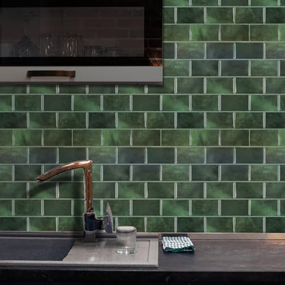 Alwayspon 10 Sheets 12"x6" Emerald Green 3D Vinyl Backsplash Marble Tiles, Self-Adhesive Peel and Stick Wall Tile Stickers Stick on Subway Tiles for Kitchen Bathroom Wall, 623 - color: Green