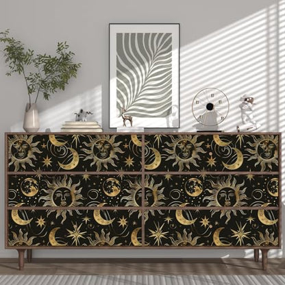 Laatse Celestial Sun Moon Wallpaper Peel and Stick 17.5"x 393",Black/Golden - color: Gold moon, size: 17.5" x 393.7"
