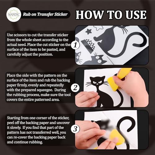 WANDIC 3 Sheets Rub On Transfer Stickers, Lovely Black Cartoon Cat Waterproof Decals Furniture Craft Junk Journals for DIY Scrapbooking, 15 * 30cm - color: Lovely Black Cat