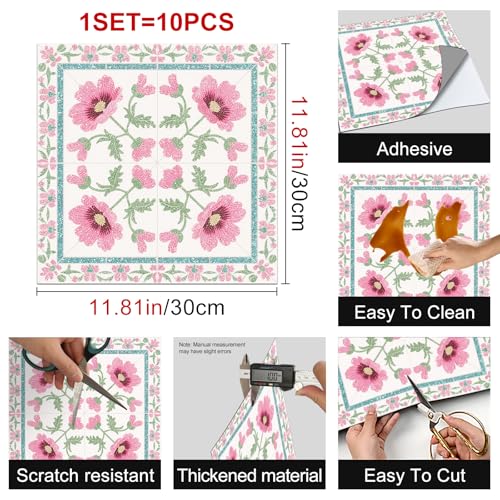 HOMETITUTE Pink Wildflower Green Leaf Peel Stick Floor 12x12 Vinyl - color: Pink#3
