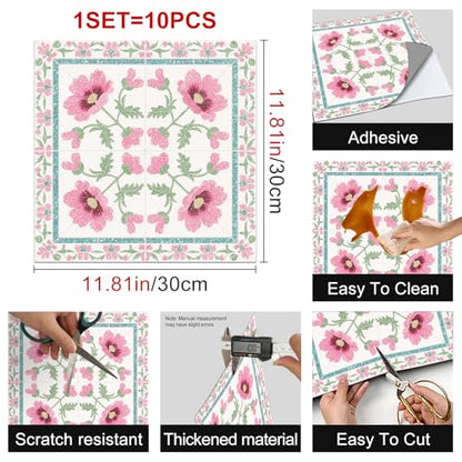 HOMETITUTE Pink Wildflower Green Leaf Peel Stick Floor 12x12 Vinyl - color: Pink#3