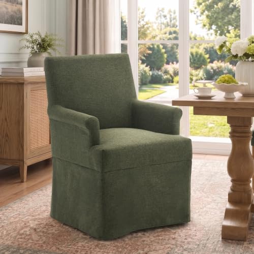 Arm Dining Chair Fabric Long Skirt Slipcovered High Back Upholstered Dinner - color: Green, size: 1 PC