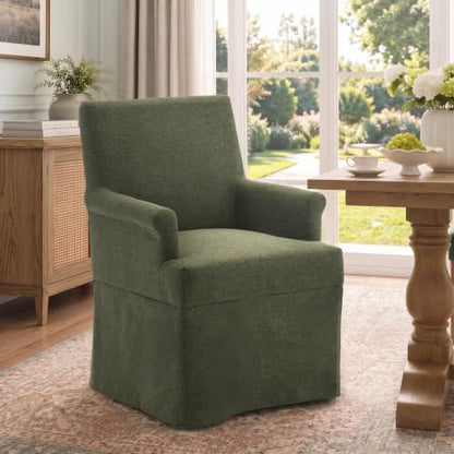 Arm Dining Chair Fabric Long Skirt Slipcovered High Back Upholstered Dinner - color: Green, size: 1 PC