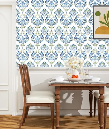 BOKEBEVE Boho Floral Peel and Stick Wallpaper Blue White 17.5 x 393.5In - color: Blue/White, size: 17.5" x 393.5"