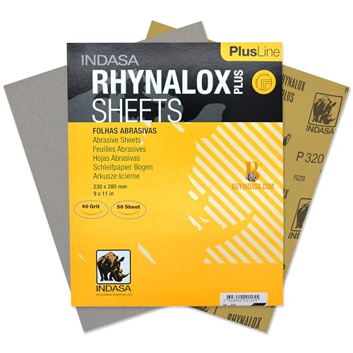 Indasa 50 PCS 9x11 Sandpaper - Dry Sanding Sheets, 40 Grit, Rhynalox Plusline Professional-Grade Abrasive for Wood, Metal, Automotive, and Paint Finishing - Durable, Clog-Resistant Sand Paper - size: 40 GRIT 9x11" Rhynalox