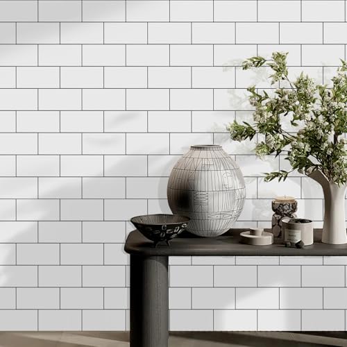Vamos Tile 100-Piece Glossy Pure White Peel and Stick Backsplash Tile,3''x6'' PVC Subway Tile with Dark Gray Grout,Stick on Backsplash for Kitchen/Bathroom/Fireplace - color: Pure White with Dark Gray Grout