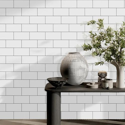 Vamos Tile 100-Piece Glossy Pure White Peel and Stick Backsplash Tile,3''x6'' PVC Subway Tile with Dark Gray Grout,Stick on Backsplash for Kitchen/Bathroom/Fireplace - color: Pure White with Dark Gray Grout