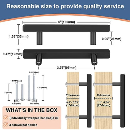 AEEKEL 30 Pack 6" Length Kitchen Cabinet Handles, Matte Black Drawer Pulls - color: Matte Black, size: 3-3/4 In Hole Center