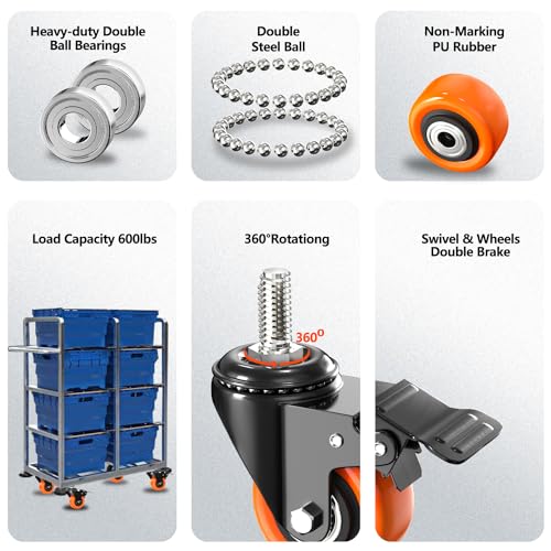 Caster Wheels Heavy Duty 2 Inch Stem Caster 600Lbs, Threaded Stem Casters 3/8"-16 x 1(Stem Diameter 3/8", Stem Length 1"), Safety Locking Caster Set of 4, Industrial Castor Wheels for Cart,Furniture - size: 2 Inch_3/8"-16x1"