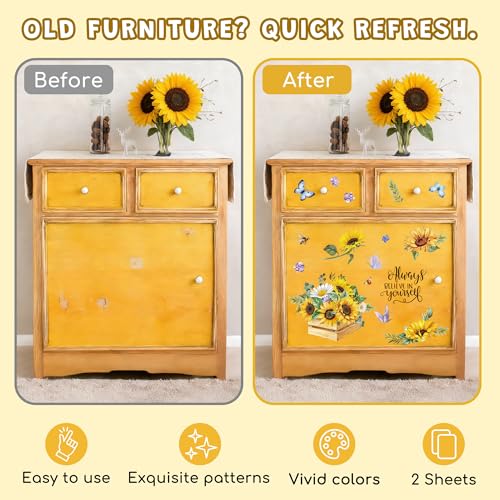 Joeyan Rub On Transfers for Crafts and Furniture, 2 Sheets Large Sunflower Butterfly Rub on Stickers DIY Transfer Decals for Wood Glass Metal Canvas Porcelain Plastic Home Decorations, 11" x16" - style: Sunflower Butterfly