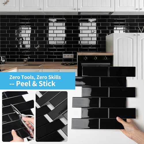 Art3d Subway Design Wall Tile, Peel and Stick Backsplash, 10-Pack, Black - color: Black