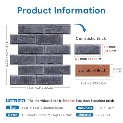 COMSTICKC 3D Faux Brick Wall Panels Peel and Stick, 10 Pcs 11.8" x 11.8" - color: Gray-1