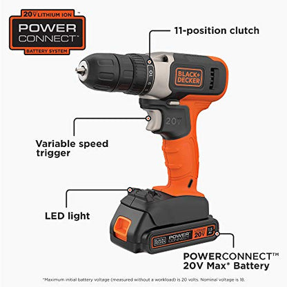 BLACK+DECKER 20V MAX Cordless Drill Kit with ‎Battery, Charger, Includes Double Sided Drill Bit (BCD702C1)
