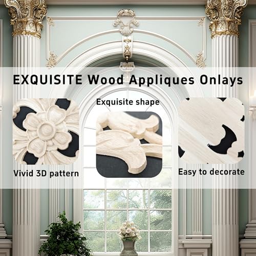 1PC Large Wood Carved Applique Onlay, Unpainted Decorative Wooden Centerpiece Decal for Furniture, Door, Cabinet, Wall, Mirror, Bed, Mantel, DIY Home Decor, 27x14cm/10.63"x5.51"