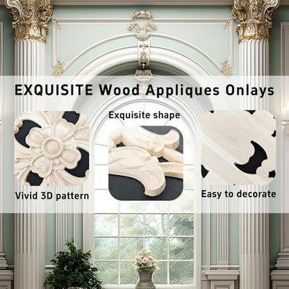 1PC Large Wood Carved Applique Onlay, Unpainted Decorative Wooden Centerpiece Decal for Furniture, Door, Cabinet, Wall, Mirror, Bed, Mantel, DIY Home Decor, 27x14cm/10.63"x5.51"