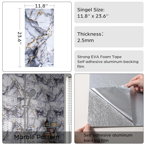 Marble Peel and Stick Backsplash 23.6 x11.8 in, 10PCS - color: Blue Stone Gilding