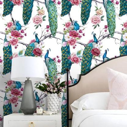 Chinoiserie Wallpaper Peel and Stick Waterproof Peacock Wallpaper Stick and Peel Blue Green Peacock Wall Paper for Bathroom Cabinets Floral Pink Peony Removable Floral Contact Paper 17.5x80 - size: 17.5" x 80"
