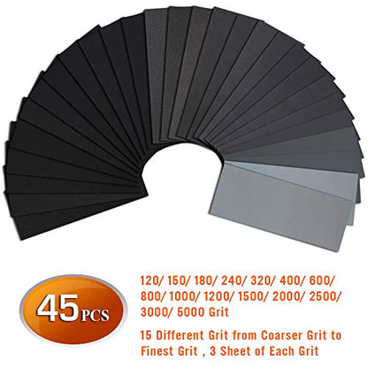 45PCS Sandpaper,Atosun Premium Wet Dry Waterproof Sand Paper, 120 to 5000 Assorted Grit Sanding Paper for Wood Furniture Finishing, Metal Sanding and Automotive Polishing, 9 x 3.6 Inches.(Atosun) - size: 45PCS