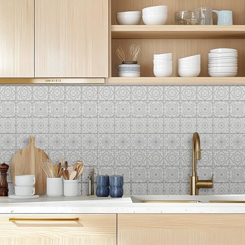 36 Pcs 4 Styles Gray and White Patten Tile Sticker Geometric Patten Wall Tile Stickers Waterproof Self Adhesive Stick on Decals for Kitchen Bathroom Wall Art 4×4 Inch - color: Gray and White Patten