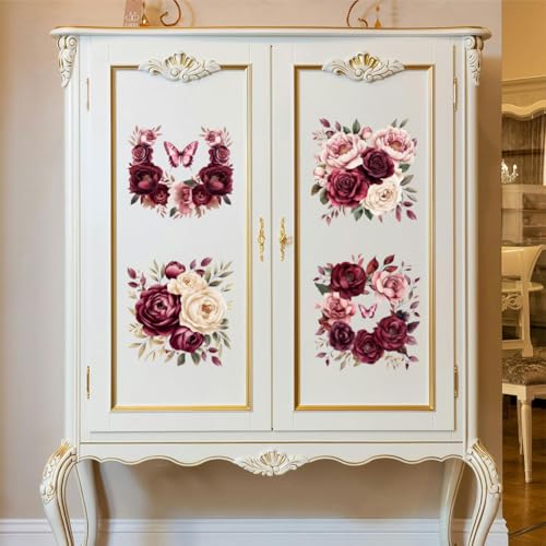 Peacoblue Burgundy Flower Rub On Transfers for Furniture Craft 6"x12" - style: Burgundy Flower