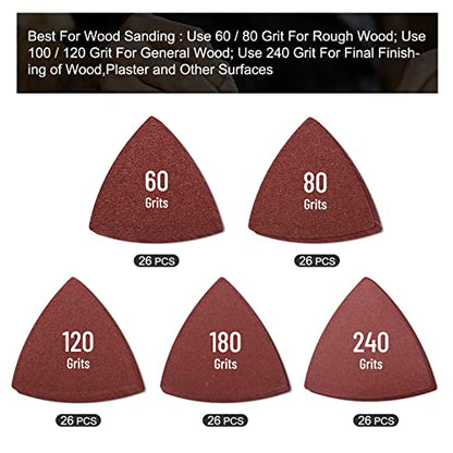 136Pcs Oscillating Tool Sanding Pad Kit, Contains 6Pcs Triangle Sanding Pads and 130Pcs Multitool Sandpaper, 60 80 100 120 240 Grits Oscillating Multi Tool Sandpaper Great for Wood&Plaster Polishing - size: 136 pcs Triangle Pad Kit