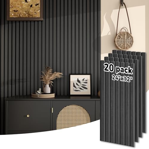 Wood SlatWall Panels 20-Pcs 2X Larger Coverage(40ft²) Lightweight Acoustic Wall Panels, 24" x 12" Soundproof Wood Slat Panel for Noise Cancelling, Interior Wall Decoration, Living Room, Office, Black - color: Matte Black
