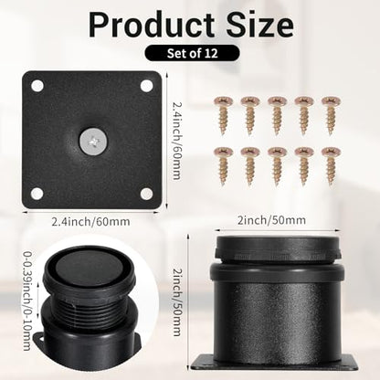 Set of 12 Stainless Steel Furniture Legs 2 Inch, Adjustable Round Cabinet Legs with Screws, Metal Replacement Leg for Cabinet Sofa Couch Shelves Table (Black)