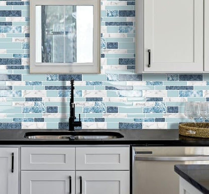 DEWOO Peel and Stick Backsplash 3D Self Adhesive Wall Tile Blue 10 Sheet - color: Marble Blue