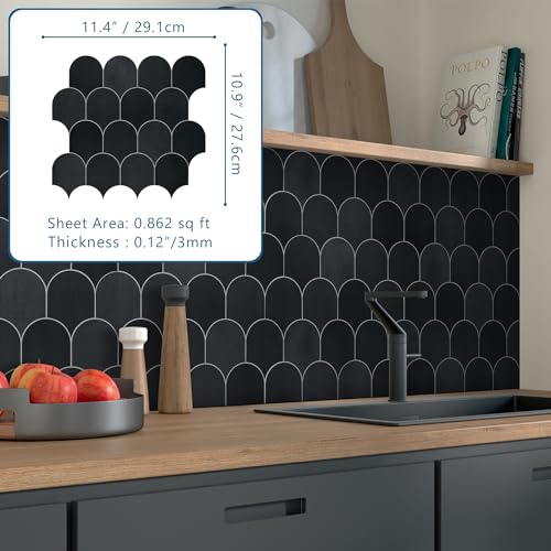 10-Sheet Fish Scale Peel and Stick Backsplash Tile, 11.4" x 10.9" Stone Composite Scallop Handmade Looks Self-Adhesive Wall Tiles for Kitchen Bathroom, Black Mixed - color: Black Mixed, size: Fish Scale