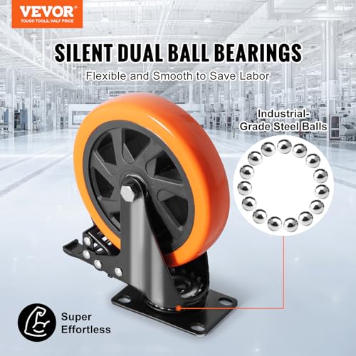 VEVOR Caster Wheels, 6-inch Swivel Plate Casters, Set of 4, with Security A/B Locking No Noise PVC Wheels, Heavy Duty 700 lbs Load Capacity Per Caster, Non-Marking Wheels for Cart Furniture Workbench