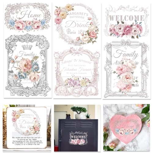 INFUNLY 3PCS Vintage Frame Rub on Transfers Stickers for Furniture 5.9"×11.8" Rose Floral Transfers Sticker Flower Theme Transfers Furniture Crafts Flower Decals with Word for Wood DIY Paper Scrapbook - style: Vintage Frame
