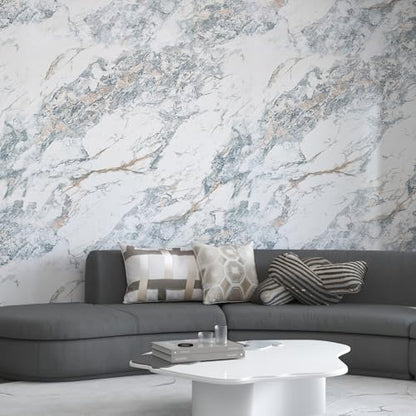 32"x354" Large White Bule Marble Paper Thick Vinyl Granite Adhesive Waterproof peel and stick Wallpaper Textured kitcheh Barthroom Countertops Contact Paper Wall Sticker Top Wall Mural Backsplash Wrap - color: Bule White Gold, size: 32" x 354"