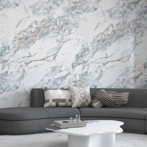 32"x354" Large White Bule Marble Paper Thick Vinyl Granite Adhesive Waterproof peel and stick Wallpaper Textured kitcheh Barthroom Countertops Contact Paper Wall Sticker Top Wall Mural Backsplash Wrap - color: Bule White Gold, size: 32" x 354"