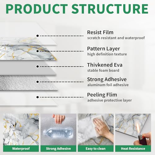 10pcs Marble Peel and Stick Backsplash Wall Tiles, Waterproof Shower Wall Panels, 11.8"x11.8" Peel and Stick Tile for Home Bathroom, Kitchen, Washroom, Living Room, Blue and Gold (Not Real Tile) - color: Blue and Gold