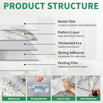10pcs Marble Peel and Stick Backsplash Wall Tiles, Waterproof Shower Wall Panels, 11.8"x11.8" Peel and Stick Tile for Home Bathroom, Kitchen, Washroom, Living Room, Blue and Gold (Not Real Tile) - color: Blue and Gold