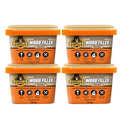 Gorilla All Purpose Wood Filler, Natural Finish, 16 Ounce Tub (Pack of 4) - Water Resistant for Indoor or Outdoor Projects and Repairs - size: 16 oz Tub (4-Pack)