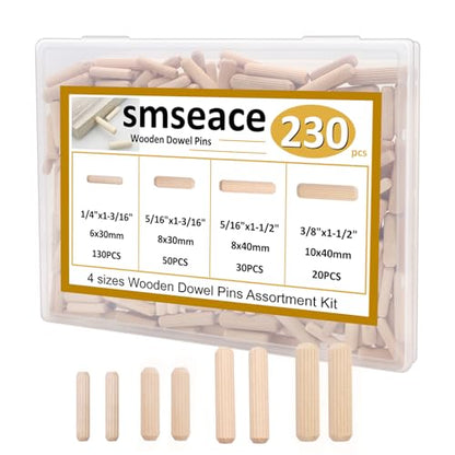 smseace 230Pcs Wooden Dowel Pins 1/4inch 5/16inch 3/8inch, Fluted Wood Dowels Rods for Crafts, Furniture, DIY Manual - size: 230Pcs - 4 Sizes