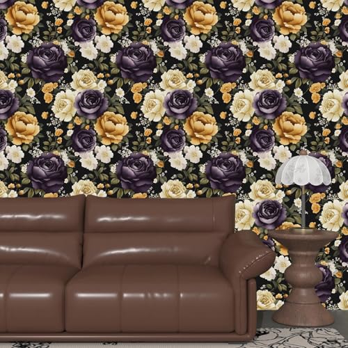 Laatse Dark Peony Peel and Stick Wallpaper 17.5" x 118",Beige/Black - color: Purple/Beige, size: 118" x 17.5"