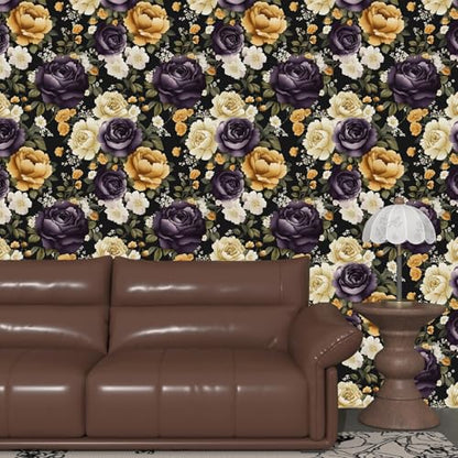 Laatse Dark Peony Peel and Stick Wallpaper 17.5" x 118",Beige/Black - color: Purple/Beige, size: 118" x 17.5"