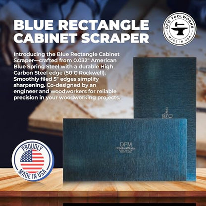 DFM Tool Works Rectangle Card Scraper - Precision Cabinet Multi-use Scraper for Woodworking, Wood Fine Finishers, Glue Scraper, Quality Handcrafted Card Shaping Tool - Made in USA, 1 Quantity - Blue - size: 0.032" x 2.5" x 5"