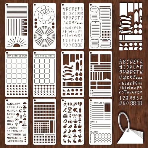 12 Sheets Diary Stencils for Painting, 12 Styles Diary Planner Layout Drawing Templates Visual Journaling Plastic Art Templates for Painting on Wall Wood Home Decor, 240x120mm - style: Diary Synthesis