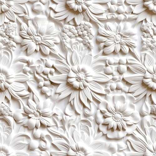 17.5x475 Off White Contact Paper Peel and Stick Floral Wallpaper White Paintable Baroque Art Deco Flower Wall Mural Wallpaper 3D Embossed Wall Paper Peel and Stick Modern for Bathroom Ceiling - size: 17.5" x 475"