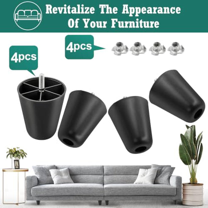 4pcs Plastic Furniture Legs 4" with T-Nuts, M10-1.5 Thread Bolt - size: 4 Inch, M10-1.5 Metric Thread Bolts